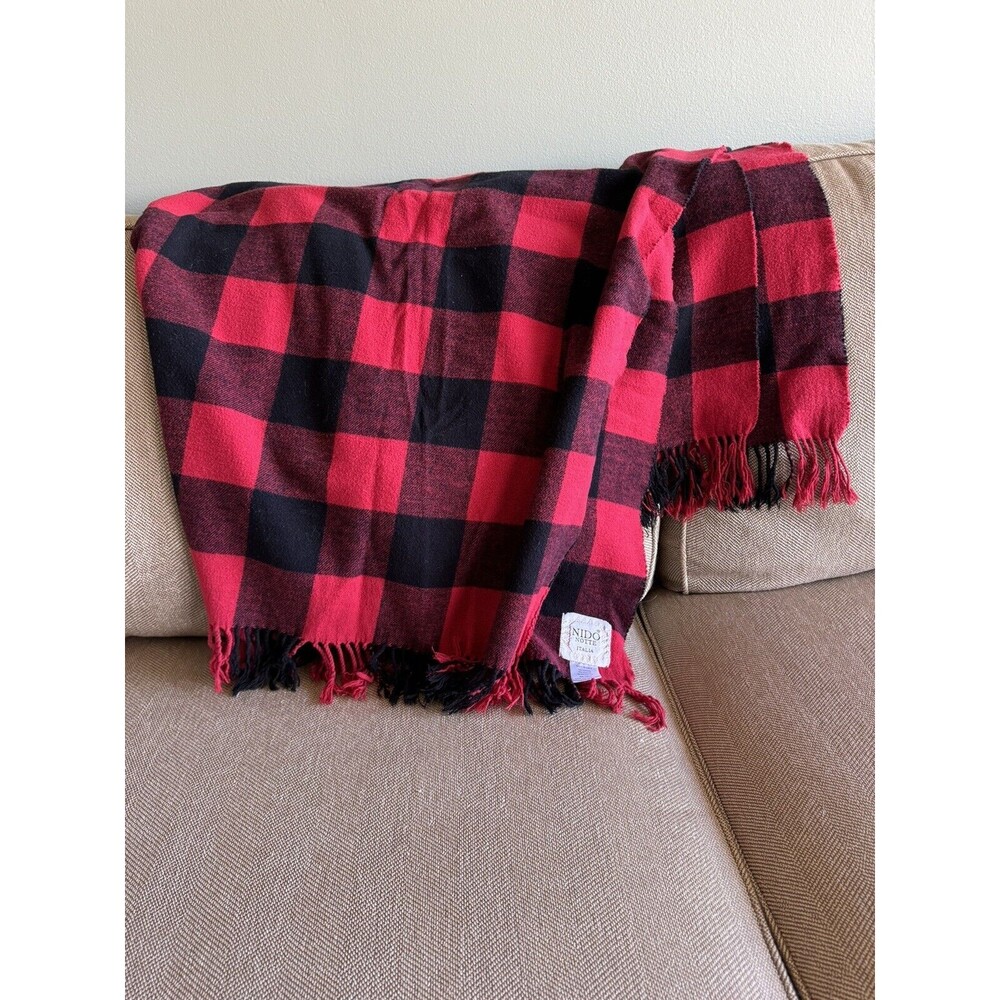 Nido Notte Italia Red Plaid Soft Cozy Throw Blanket With Fringe Made In‎ Italy